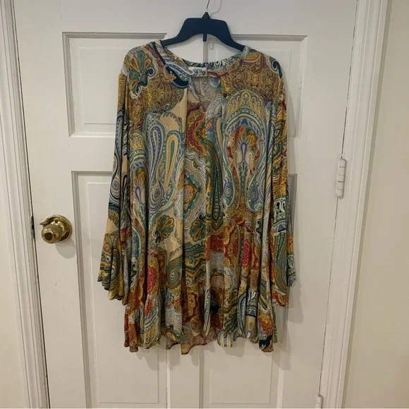Umgee Women’s Boho Oversized Tunic Mini Dress Fall Flowy Peasant Sleeve Size L - Picture 2 of 12